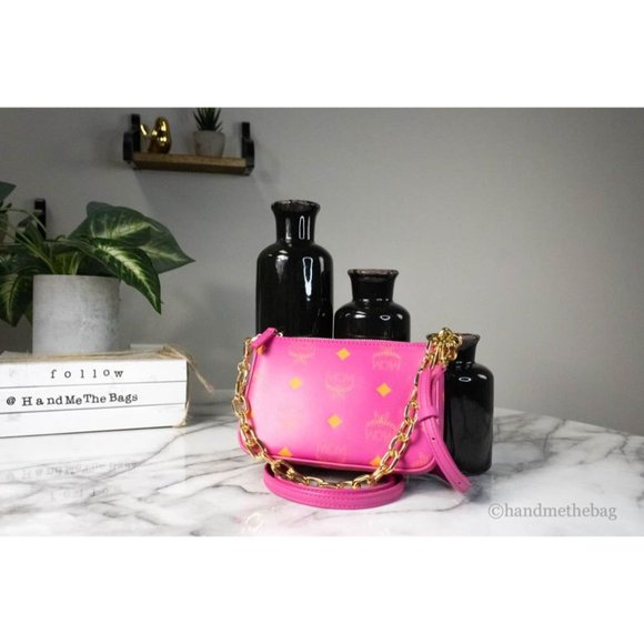NEW MCM Color Splash Logo Fuchsia Pink Smooth Leather Mini Pouch Crossbody Bag - Picture 3 of 10